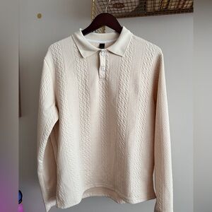 Cream Textured Polo Shirt – Geometric Pattern Long Sleeve